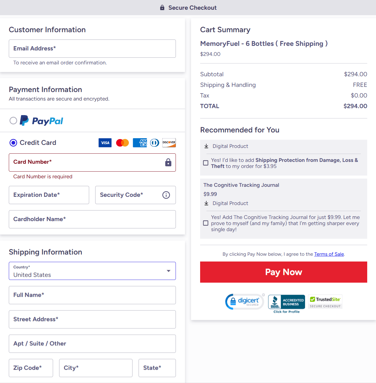  MemoryFuel Checkout page